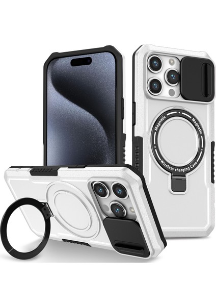 iPhone 15 Pro Max Için Magsafe ile Uyumlu, Manyetik Halkalı Stand Ağır Hizmet Telefon Kılıfı - Beyaz - Siyah (Yurt Dışından)