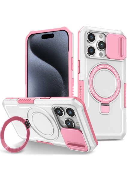 iPhone 15 Pro Max Için Magsafe ile Uyumlu, Manyetik Halkalı Stand Ağır Hizmet Telefon Kılıfı - Beyaz (Yurt Dışından)