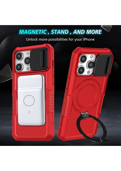 iPhone 15 Pro Max Için Magsafe ile Uyumlu, Manyetik Halkalı Stand Ağır Hizmet Telefon Kılıfı - Kırmızı (Yurt Dışından)
