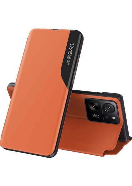Xiaomi 13T /13T Pro /redmi K60 Ultra Için Akıllı Görünüm Flip Stand Pu Deri Telefon Kılıfı - Turuncu (Yurt Dışından)