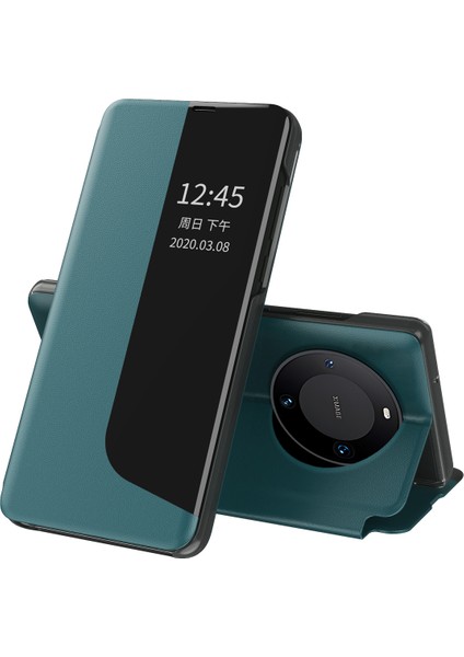 Huawei Mate 60 Pro Için Akıllı Görünüm Flip Stand Pu Deri Telefon Kılıfı - Yeşil (Yurt Dışından)