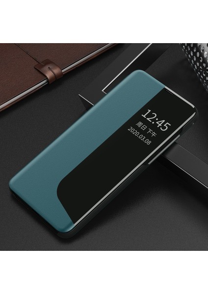 Huawei Mate 60 Pro Için Akıllı Görünüm Flip Stand Pu Deri Telefon Kılıfı - Yeşil (Yurt Dışından)