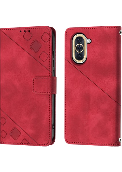 Huawei Nova 10 Pro Için Kabartmalı Deri Cüzdan Stand Telefon Kılıfı - Kırmızı (Yurt Dışından)