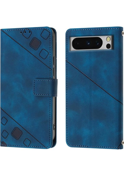 Google Pixel 8 Pro Için Kabartmalı Deri Cüzdan Stand Telefon Kılıfı - Mavi (Yurt Dışından)