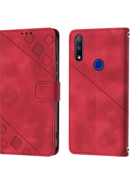 Huawei Y9 Prime 2019/P Smart Z 2019 Için Kabartmalı Deri Cüzdan Stand Telefon Kılıfı - Kırmızı (Yurt Dışından)