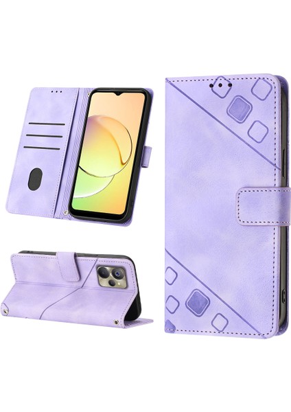 Realme 10 Için Kabartmalı Deri Cüzdan Stand Telefon Kılıfı - Mor (Yurt Dışından)