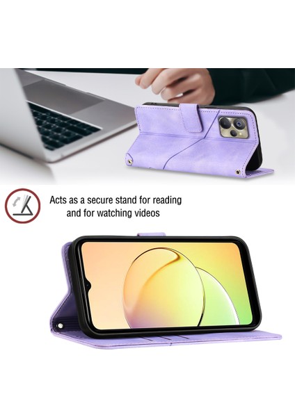 Realme 10 Için Kabartmalı Deri Cüzdan Stand Telefon Kılıfı - Mor (Yurt Dışından)