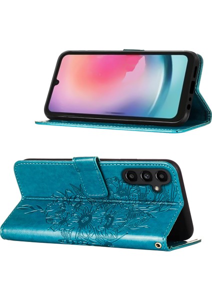 Samsung Galaxy A05S Için Kelebek Pu Deri Çevirmeli Cüzdan Stand Telefon Kılıfı - Mavi (Yurt Dışından)