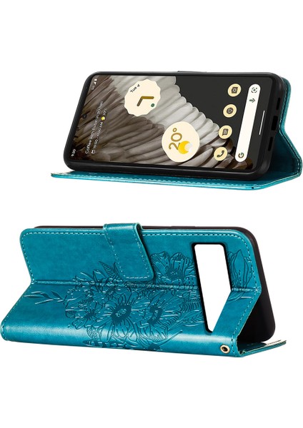 Google Pixel 8 Için Kelebek Pu Deri Çevirmeli Cüzdan Stand Telefon Kılıfı - Mavi (Yurt Dışından)