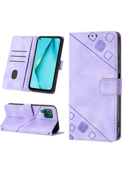 Huawei P40 Lite Için Kabartmalı Deri Cüzdan Stand Telefon Kılıfı - Mor (Yurt Dışından)
