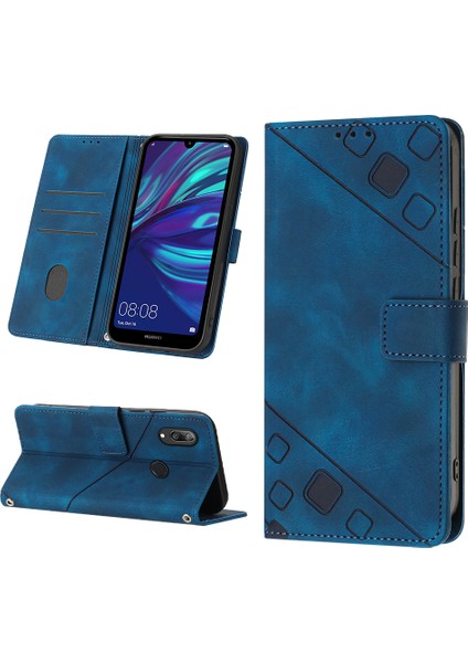 Huawei Y7 2019 Için Kabartmalı Deri Cüzdan Stand Telefon Kılıfı - Mavi (Yurt Dışından)