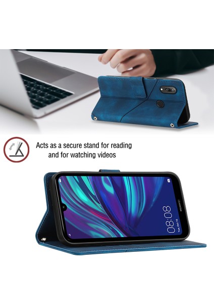 Huawei Y7 2019 Için Kabartmalı Deri Cüzdan Stand Telefon Kılıfı - Mavi (Yurt Dışından) indirimleri
