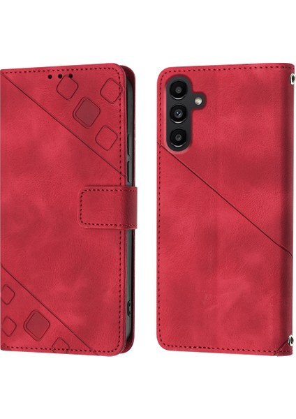 Samsung Galaxy A25 Için Kabartmalı Deri Cüzdan Stand Telefon Kılıfı - Kırmızı (Yurt Dışından)