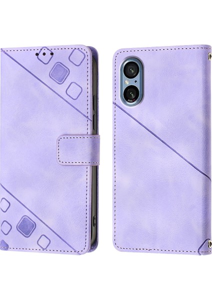 Sony Xperia 5 V Için Kabartmalı Deri Cüzdan Stand Telefon Kılıfı - Mor (Yurt Dışından)
