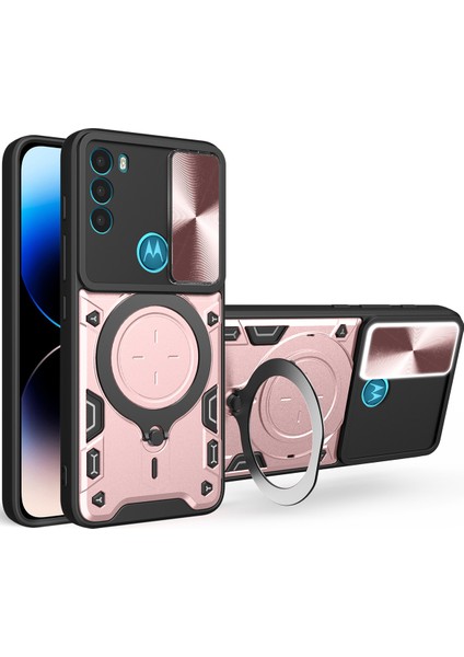 Motorola Moto G71 5g Için Çift Katmanlı Telefon Kılıfı, Slayt Kamera Kapağı ve Metal Gizli Braket ile Rose Gold (Yurt Dışından)