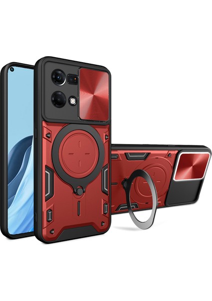 Oppo Reno7 4g Için Çift Katmanlı Telefon Kılıfı, Slayt Kamera Kapağı ve Metal Gizli Braket ile Kırmızı (Yurt Dışından)