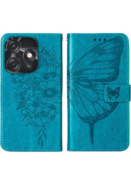 Tecno Spark 10C Için Kelebek Pu Deri Çevirmeli Cüzdan Stand Telefon Kılıfı - Mavi (Yurt Dışından)