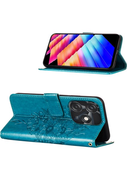 Tecno Spark 10C Için Kelebek Pu Deri Çevirmeli Cüzdan Stand Telefon Kılıfı - Mavi (Yurt Dışından)
