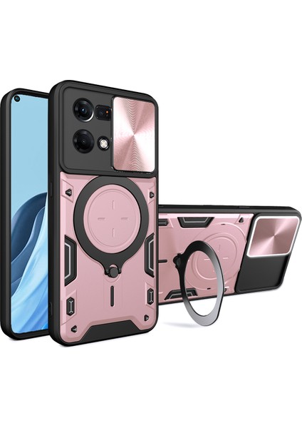Oppo Reno7 4g Için Çift Katmanlı Telefon Kılıfı, Slayt Kamera Kapağı ve Metal Gizli Braket ile Rose Gold (Yurt Dışından)