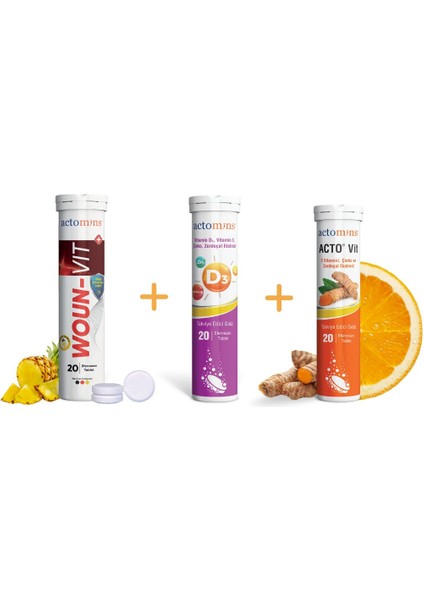 Woun-Vit Yara Iyileşme Sürecinde Beslenme Desteği + Actomıns® Vitamin D3 + Acto® Vıt C Vitamini | 20 Efervesan Tablet