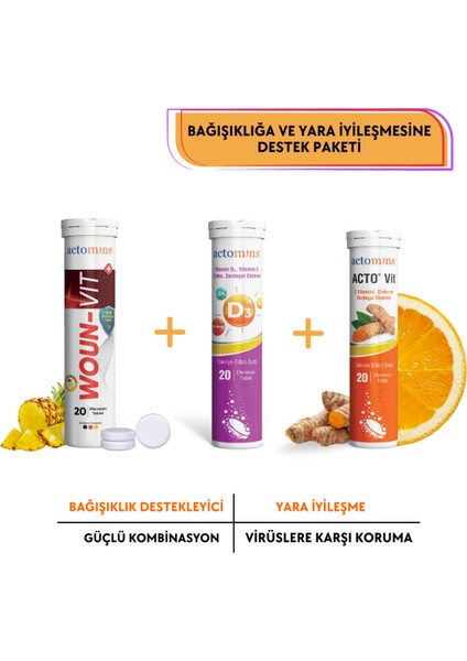 Woun-Vit Yara Iyileşme Sürecinde Beslenme Desteği + Actomıns® Vitamin D3 + Acto® Vıt C Vitamini | 20 Efervesan Tablet modelleri