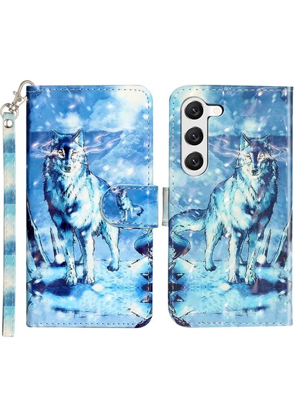 Samsung Galaxy S23 Pu Deri Cüzdan Flip Kapak Standı Özelliği 3D Desen Baskı Manyetik Kapatma Strap-Snow Wolf ile Telefon Kılıfı (Yurt Dışından)