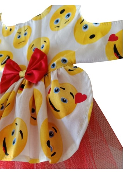 Emoji Desenli Kırmızı Papyonlu Beyaz Dişi Kedi Köpek Kıyafeti Elbisesi fırsatları