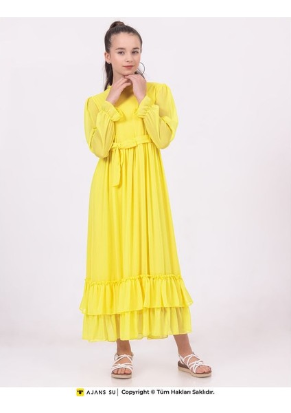 Tül Uzunkol Eteği Katlı Büzgülü Şifon Kız Elbise fiyatları
