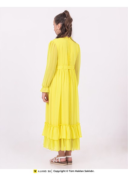 Tül Uzunkol Eteği Katlı Büzgülü Şifon Kız Elbise modelleri