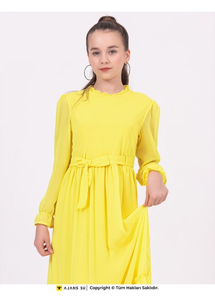 Tül Uzunkol Eteği Katlı Büzgülü Şifon Kız Elbise fırsatları
