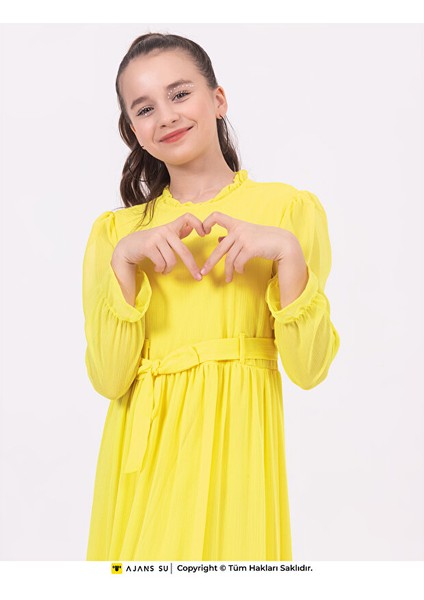 Tül Uzunkol Eteği Katlı Büzgülü Şifon Kız Elbise indirimleri