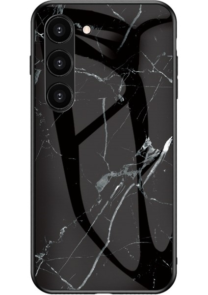 Samsung Galaxy S23 Için + Mermer Desen Baskı Temperli Cam Arka Kılıf Şok Geçirmez Pc + Tpu Çerçeve Çekmeye Dayanıklı Telefon Kapak Siyah Mermer (Yurt Dışından)