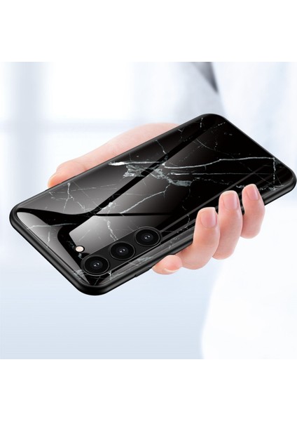 Samsung Galaxy S23 Için + Mermer Desen Baskı Temperli Cam Arka Kılıf Şok Geçirmez Pc + Tpu Çerçeve Çekmeye Dayanıklı Telefon Kapak Siyah Mermer (Yurt Dışından) fiyatları