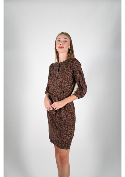 Kahverengi Kuşaklı Çiçek Desenli Yarım Kol Kadın Elbise fiyatları