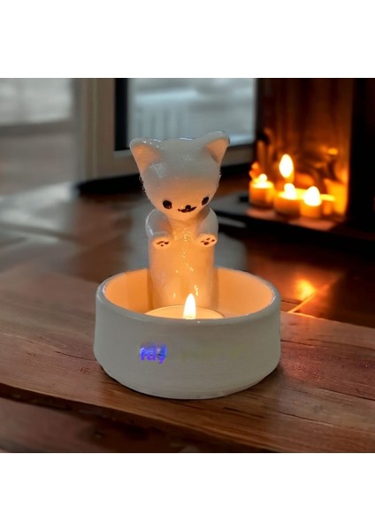 Dekoratif Ateş Başında Isınan Kedi Tealight Mumluk