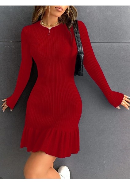 Kadın Bisiklet Yaka Uzun Kol Etek Ucu Fırfırlı Triko (Polyenit) Mini Boy Elbise