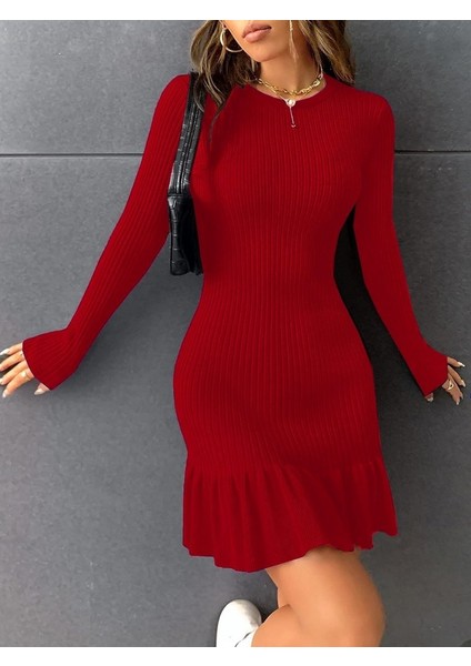 Kadın Bisiklet Yaka Uzun Kol Etek Ucu Fırfırlı Triko (Polyenit) Mini Boy Elbise fiyatları