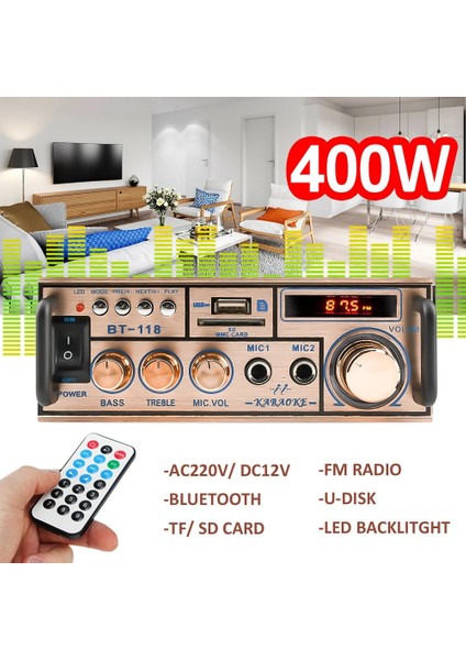 2021 12V/220V 2ch LCD Ekran Dijital Hıfı Ses Stereo Güç Amplifikatörü Bluetooth Fm Radyo Araba Ev Uzaktan Kumandalı (Yurt Dışından)