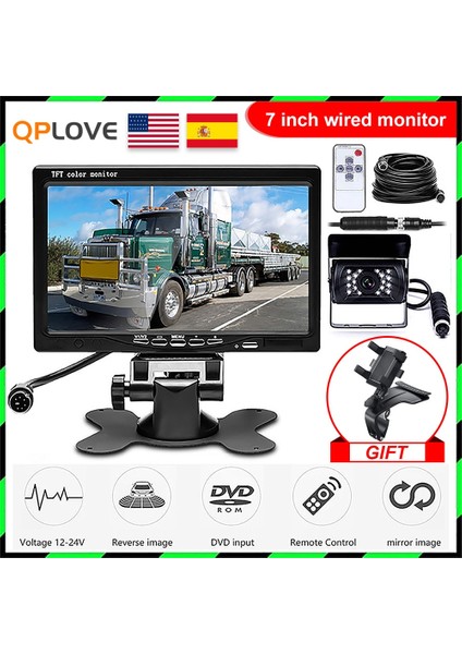 10 M-Kablo Stili Qplove 7 Inç Kablolu Monitör Tft LCD Arka Görüş Kamerası Kamyon Otobüs Park Dikiz Sistemi Için Iki Parça Arka Kamera Monitörü (Yurt Dışından)