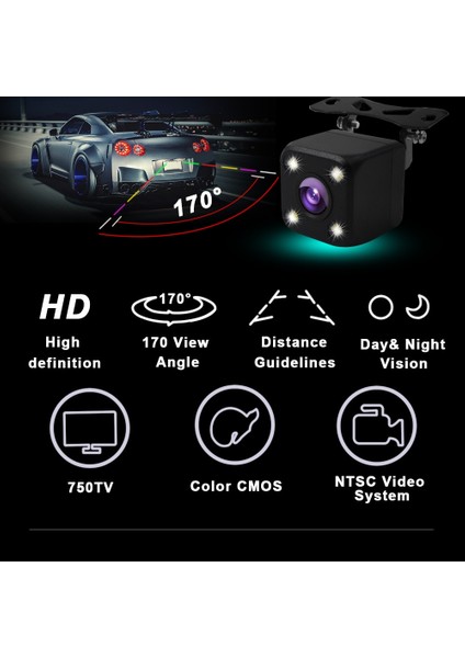 CAM113-C Hd Balık Gözü Araba Ters Dikiz Yedekleme Kamera Park Hattı Otomatik LED Arka Kamera Trasera Gece Görüş 170 Derece Su Geçirmez (Yurt Dışından)