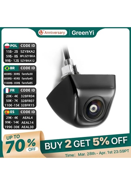 CVBS720P-AHD720P Greenyi Ahd 1920X1080P Araba Kamera 170 Derece Balık Gözü Mercek Starlight Gece Görüş Hd Araç Dikiz Kamerası (Yurt Dışından)