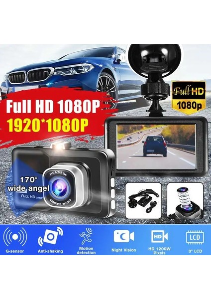 3 Inç Araba Dvr Video Kaydedici Dash Kamera 1080P Dikiz Çift Lens Full Hd G-Sensor Taşınabilir Döngü Kayıt Çizgi Kam Dashcam (Yurt Dışından)