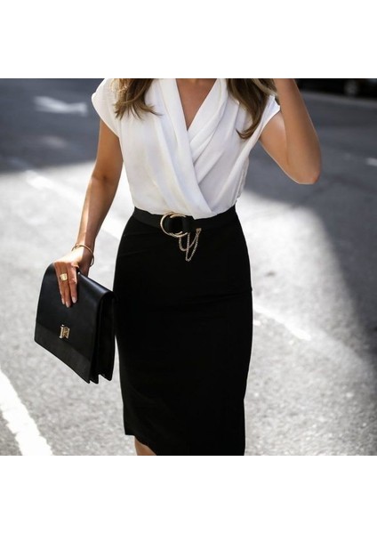 Kadın Kısa Kollu Kruvaze Yaka Krep Elbise (Kemersiz) fiyatları