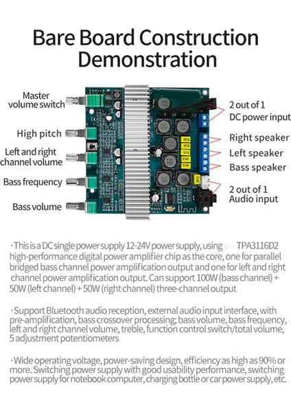 TPA3116 Bluetooth Amplifikatör Kartı 2.1 Kanal Yüksek Güçlü Bluetooth 5.0 Ses Amplifikatörleri DC12V-24V 2X50W+100W (Yurt Dışından)