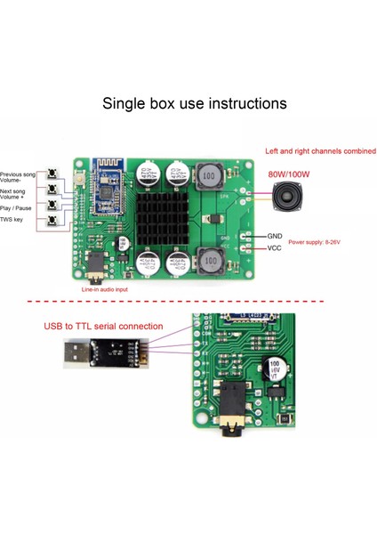 Bluetooth 5.0 Amplifikatör Kurulu Tws Aux 80/100 W Seri Bağlantı Noktası Adı Değiştirmek Için Mono Stereo Modülü Kablosuz Stereo Amplificador (Yurt Dışından)