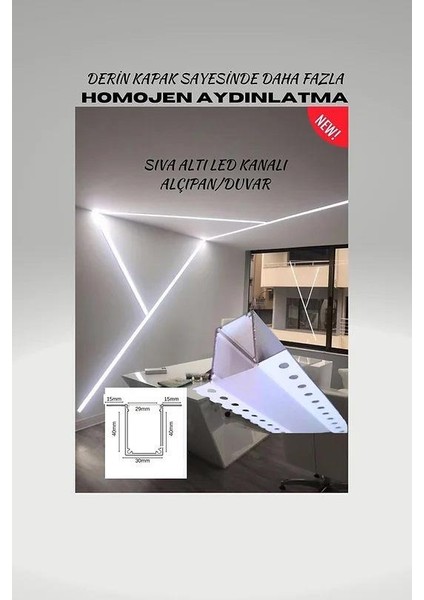 Gömme Derin LED Kanalı 250 Cm. /homojen Işık/ Sıva Altı LED Kanalı Beyaz - Ankas