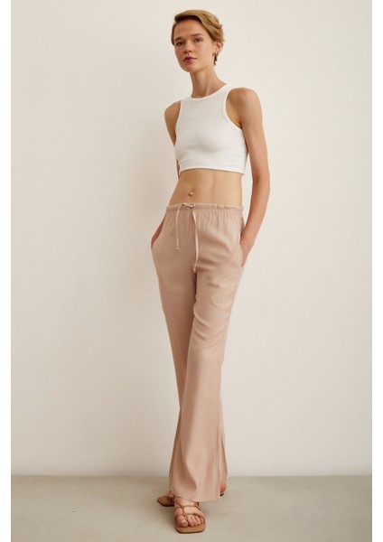Beli Lastikli Biyeli Yüksek Bel Pantolon Pudra