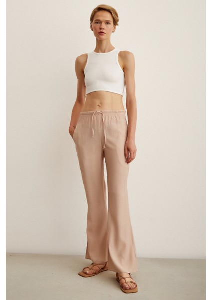 Beli Lastikli Biyeli Yüksek Bel Pantolon Pudra fiyatları