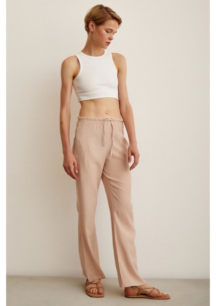 Beli Lastikli Biyeli Yüksek Bel Pantolon Pudra modelleri