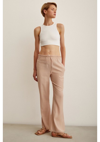 Beli Lastikli Biyeli Yüksek Bel Pantolon Pudra fırsatları